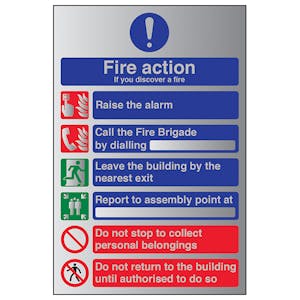 6 Point Fire Action - If You Discover A Fire - Aluminium Effect