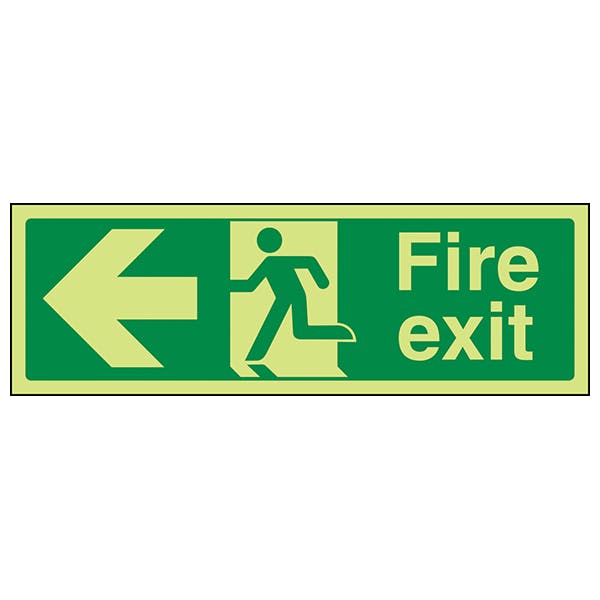 Rigid Plastic 450mm x 150mm VSafety Glow In The Dark Fire Exit Arrow Left Sign 
