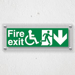 Wheel Chair Fire Exit with Text Arrow Down - Acrylic Sign