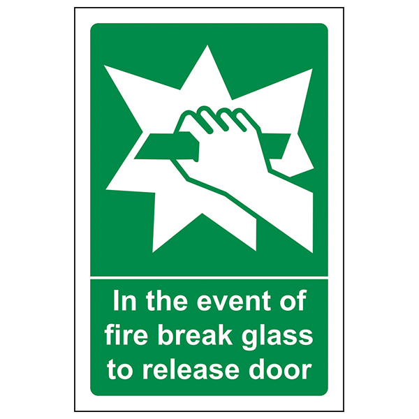 In the event of fire break glass to release door Sticker 50mm x 150mm 