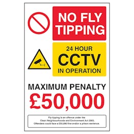 No Fly Tipping / 24 Hour CCTV In Operation / Maximum Penalty £50,000 / Fly Tipping Is An Offence