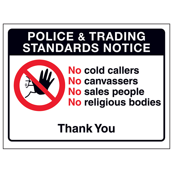 NO COLD CALLERS plastic sign or self-adhesive backed sticker choice of size 
