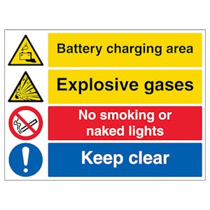 Battery Charging / Explosive / No Smoking / Keep Clear