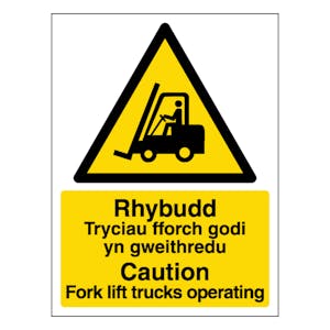 Welsh/English - Caution Fork Lift Trucks Operating