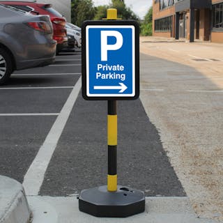 Temporary Signpost - Private Parking - Mandatory Blue Parking - Arrow Right