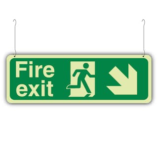 Photoluminescent Double Sided Fire Exit Arrow Down Left/Right - Hanging Sign