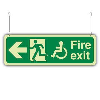 Photoluminescent Double Sided Wheelchair Fire Exit Arrow Right/Left - Hanging Sign