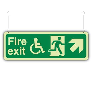 Photoluminescent Double Sided Wheelchair Fire Exit - Arrow Up Right - Hanging Sign