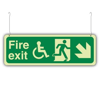 Photoluminescent Double Sided Wheelchair Fire Exit Arrow Down Right/Left - Hanging Sign