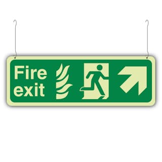 Photoluminescent Double Sided NHS Fire Exit Arrow Up Right/Left - Hanging Sign