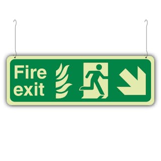 Photoluminescent Double Sided NHS Fire Exit Arrow Up Right/Left - Hanging Sign