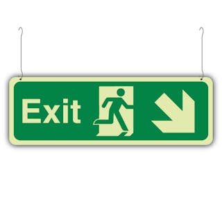 Photoluminescent Double Sided Exit Arrow Down Right/Left - Hanging Sign