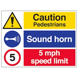 Caution Pedestrians Sound Horn 5mph Speed Limit