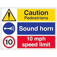 Caution Pedestrians Sound Horn 10mph Speed Limit