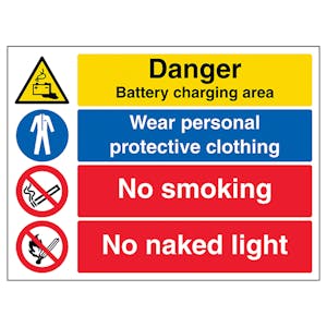 Danger Battery / PPE / No Smoking / No Naked Light