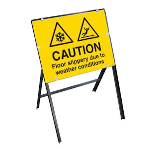 Caution Floor Slippery Due To Weather Conditions with Stanchion Frame