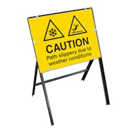 Caution Path Slippery Due To Weather Conditions with Stanchion Frame