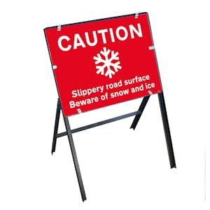 Caution Slippery Road Surface Beware Of Snow and Ice with Stanchion Frame