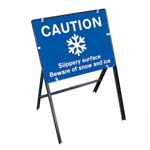 Caution Slippery Surface Beware Snow and Ice with Stanchion Frame