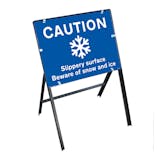 Caution Slippery Surface Beware Snow and Ice with Stanchion Frame