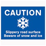 Caution Slippery Road Surface Beware Of Snow...