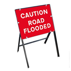Caution Road Flooded with Stanchion Frame