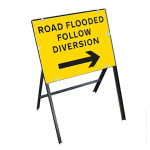 Road Flooded Follow Diversion Arrow Right with Stanchion Frame