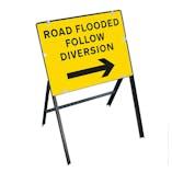 Road Flooded Follow Diversion Arrow Right with Stanchion Frame