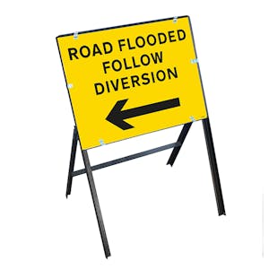 Road Flooded Follow Diversion Arrow Left with Stanchion Frame