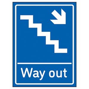Way Out Arrow Down Stairs Right Blue - Super-Tough Rigid Plastic