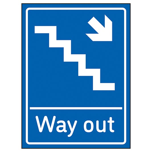 Way Out Arrow Down Stairs Right Blue | Stairway Signs | Information Signs |  Safety Signs 4 Less