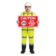 Life-Size Construction Worker Sign - John - Caution 20 MPH Speed Limit