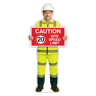 Life-Size Construction Worker Sign - John - Caution 20 MPH Speed Limit