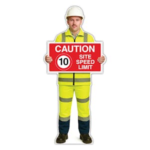 Life-Size Construction Worker Sign - John - Caution 10 MPH Speed Limit