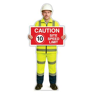 Life-Size Construction Worker Sign - John - Caution 10 MPH Speed Limit