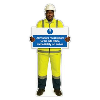 Life-Size Construction Worker Sign - Ahmed - Report To Site Office Arrival