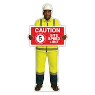 Life-Size Construction Worker Sign - Ahmed - Caution 5 MPH Speed Limit