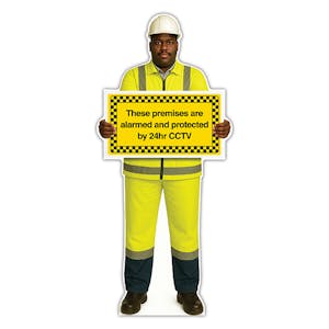 Life-Size Construction Worker Sign - Ahmed - Premises Protected By CCTV
