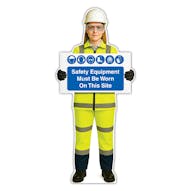 Life-Size Construction Worker Sign - Sofia - Safety Equipment Must Be Worn