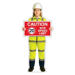 Life-Size Construction Worker Sign - Sofia - Caution 20 MPH Speed Limit