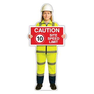 Life-Size Construction Worker Sign - Sofia - Caution 10 MPH Speed Limit