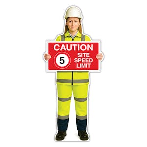Life-Size Construction Worker Sign - Sofia - Caution 5 MPH Speed Limit