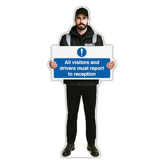 Life-Size Security Guard Sign - Peter - All Visitors And Drivers Must Report To Reception