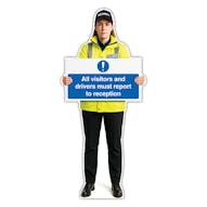 Life-Size Security Guard Sign - Lara - All Visitors And Drivers Must Report To Reception