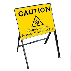 Caution Slippery Surface Beware Of Snow and Ice with Stanchion Frame