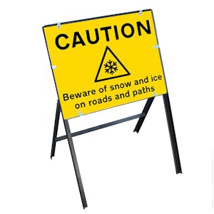 Caution Slippery Surface Beware Of Snow and Ice On Roads and Paths with Stanchion Frame