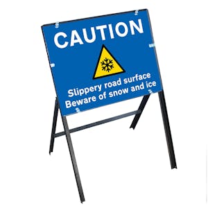 Caution Slippery Road Surface...Snow and Ice with Stanchion Frame