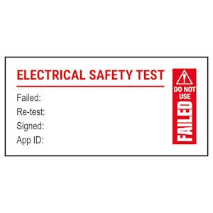 Plug PAT Test - Fail / Re-Test / Signed / App Red Labels On A Roll - Landscape