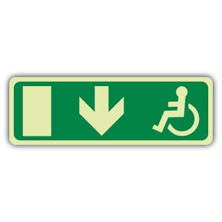 Photoluminescent Emergency Exit Wheelchair Arrow Down - Icon Right - Landscape 