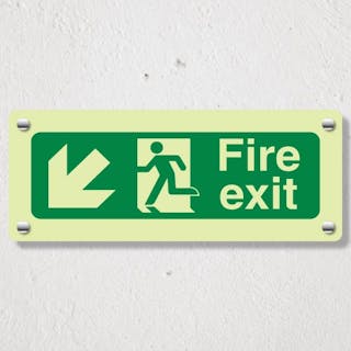 Photoluminescent Fire Exit Arrow Down Left - Acrylic Sign